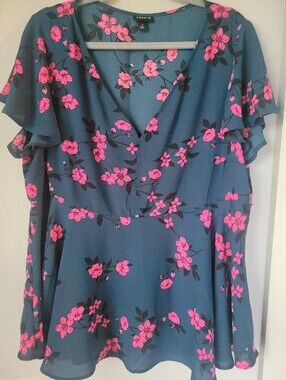 Torrid Teal Blouse With Pink Flowers
